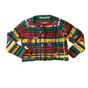 Vintage Michael Simon Embroidered Abstract Holiday Cardigan Sweater S 1994 Y2K